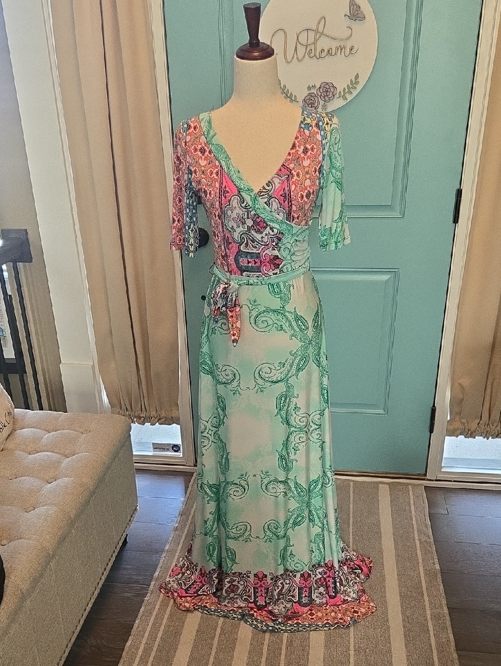 Uptown U.S.A. faux wrap dress, size M, multi-color